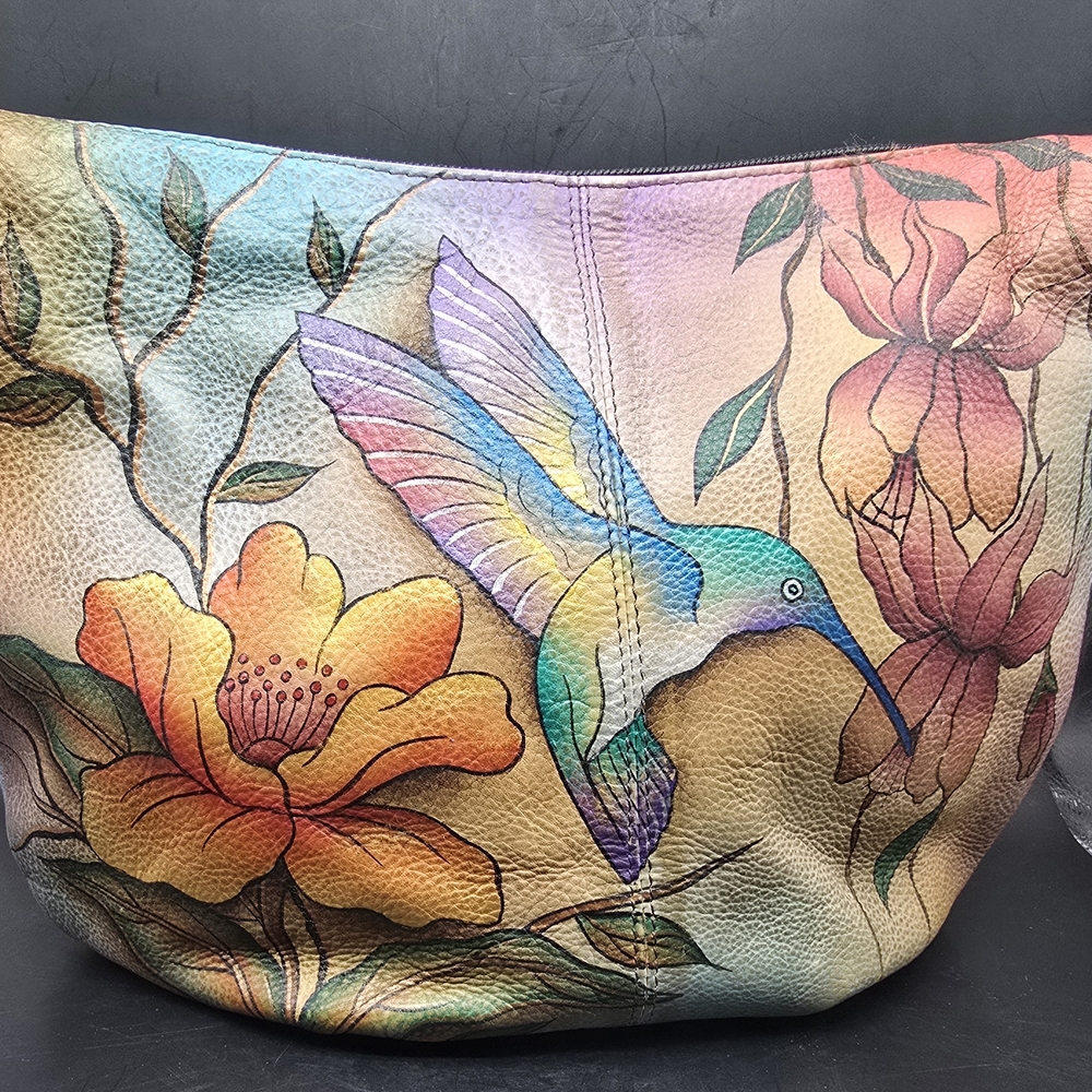 Anuschka Genuine Leather Colorful Hummingbird & Floral Purse Bag